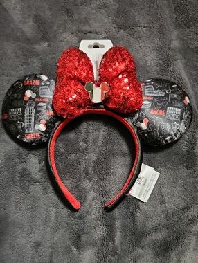 Disney Red Sequin Bow Minnie Ear Headband with Black Patterned Ears